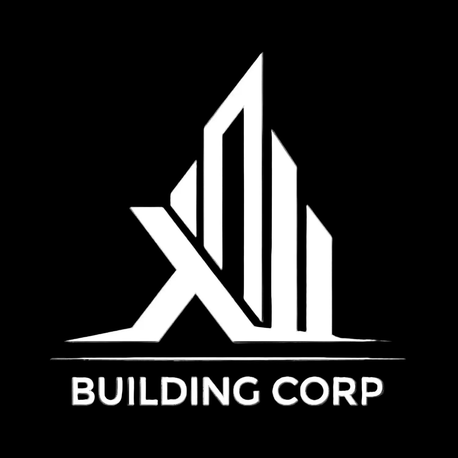 Logo of Building Corp with stylized building design on a black background